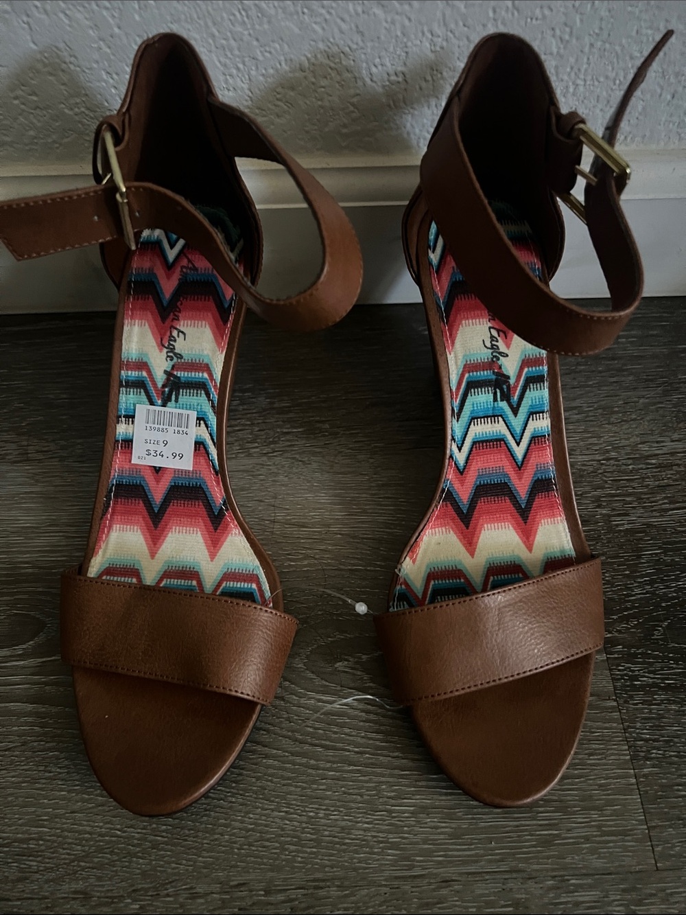 American Eagle Outfitters Brown Ankle-Strap Heels with Multicolor Chevron Insole